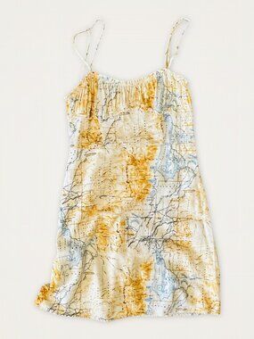 Urban Outfitters Yellow Map Print Mini Slip Dress Ruched Empire Waist Small